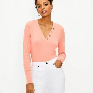 LOFT Coral Spice Button Trim V-Neck Long-Sleeved Top Size M (runs Small)